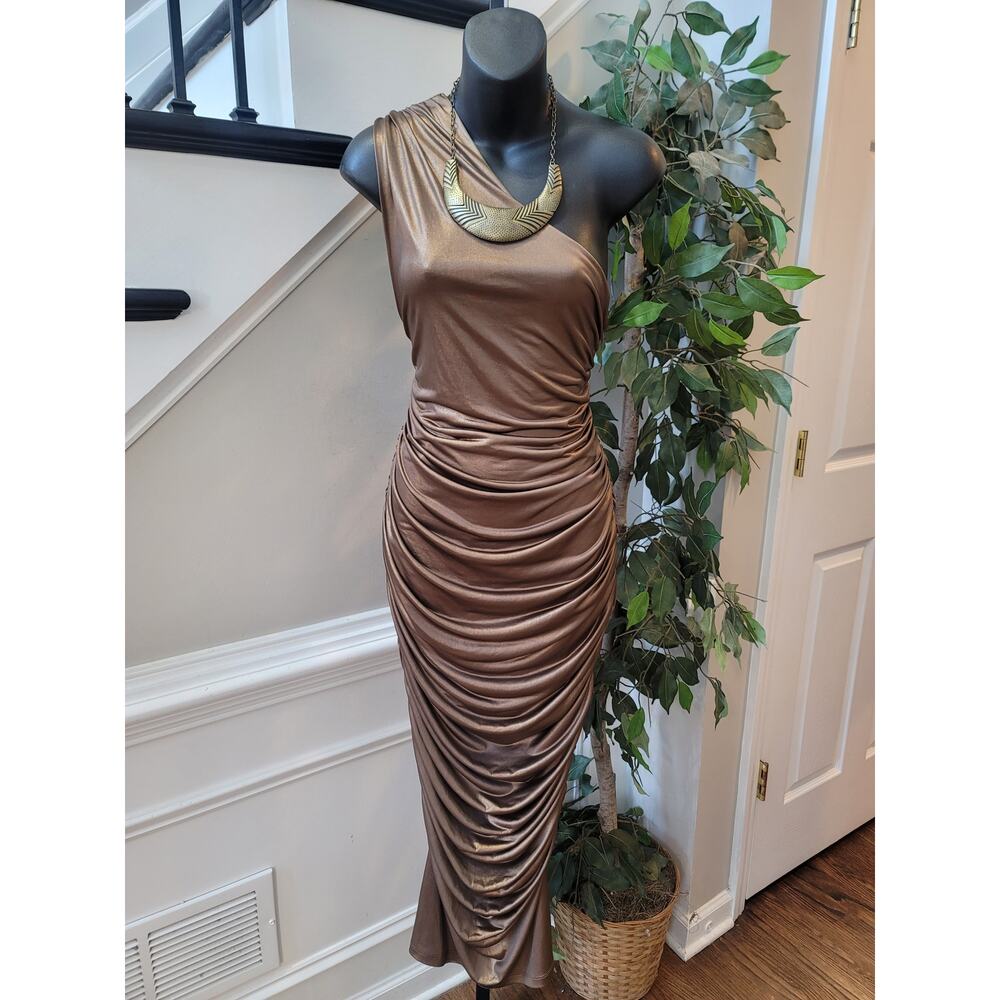 Fashion Nova Bodycon Dress Women's Size Large Metallic Brown One Shoulder - Picture 2 of 11